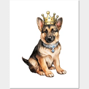 Watercolor German Shepherd Dog Wearing a Crown Posters and Art